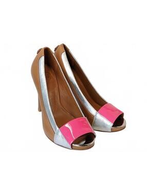 Tory Burch Brazil Heels Open-Toe Silver Brown Leather US 8.5